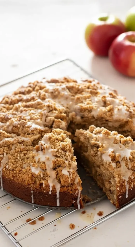 Moist Apple Cider Coffee Cake topped with thick cinnamon streusel and drizzle, cozy fall bake, round cake with a slice removed.