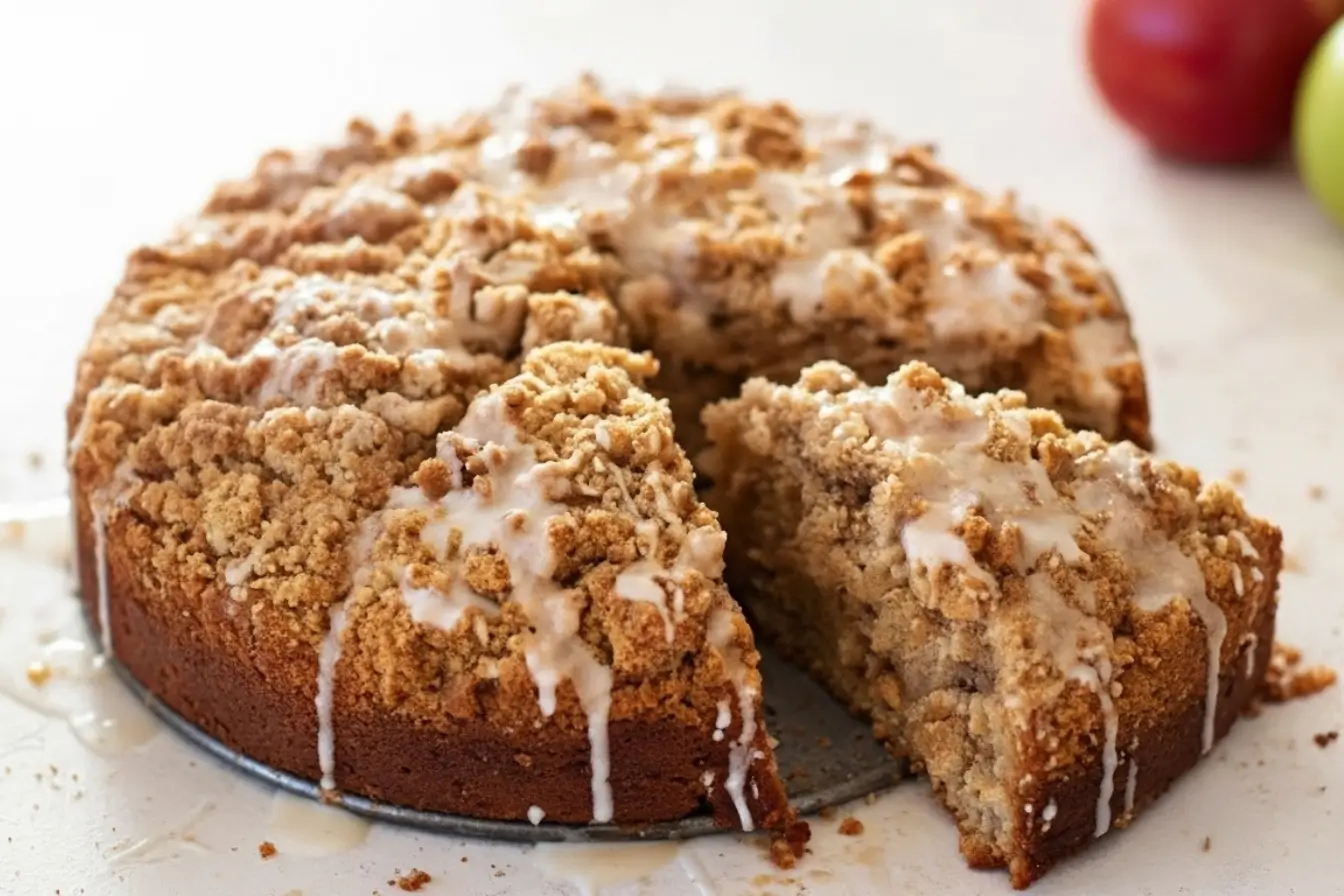 Apple Cider Coffee Cake with crumb topping and light cider glaze, one slice cut, moist and tender fall dessert on a white surface.