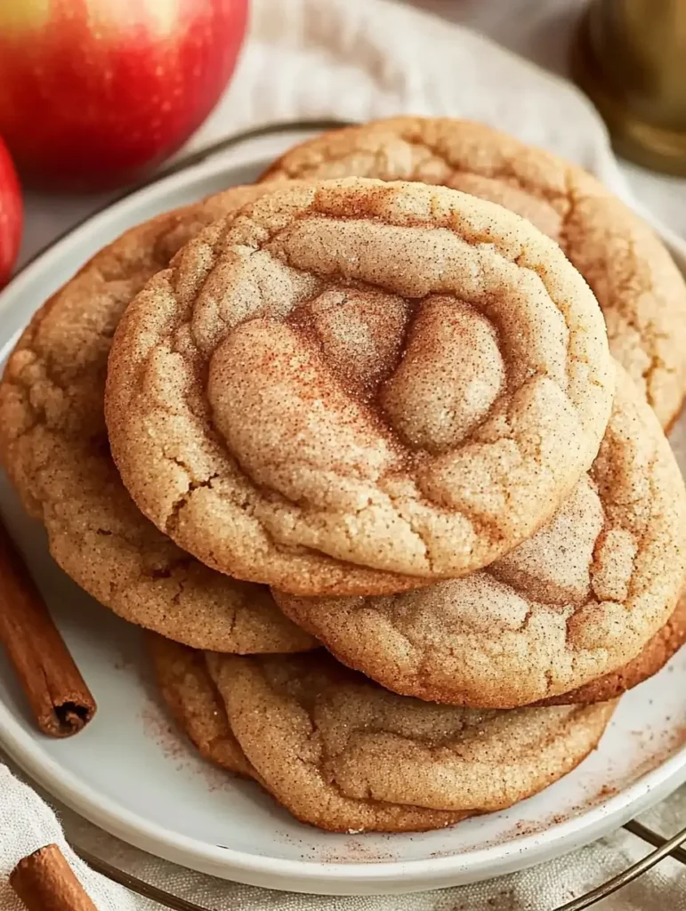 Close-up of Apple Snickerdoodle Cookies, crackly edges, tender centers, dusted with cinnamon sugar, cozy apple cinnamon cookies vibe