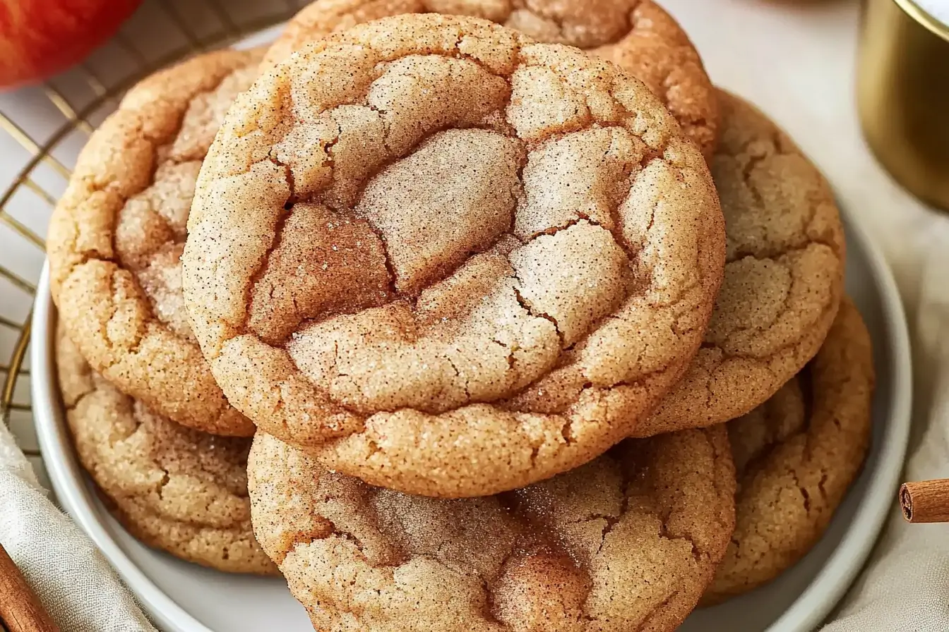 Stack of soft and chewy Apple Snickerdoodles on a plate, cinnamon sugar coating, fresh apples in the background, perfect fall treats