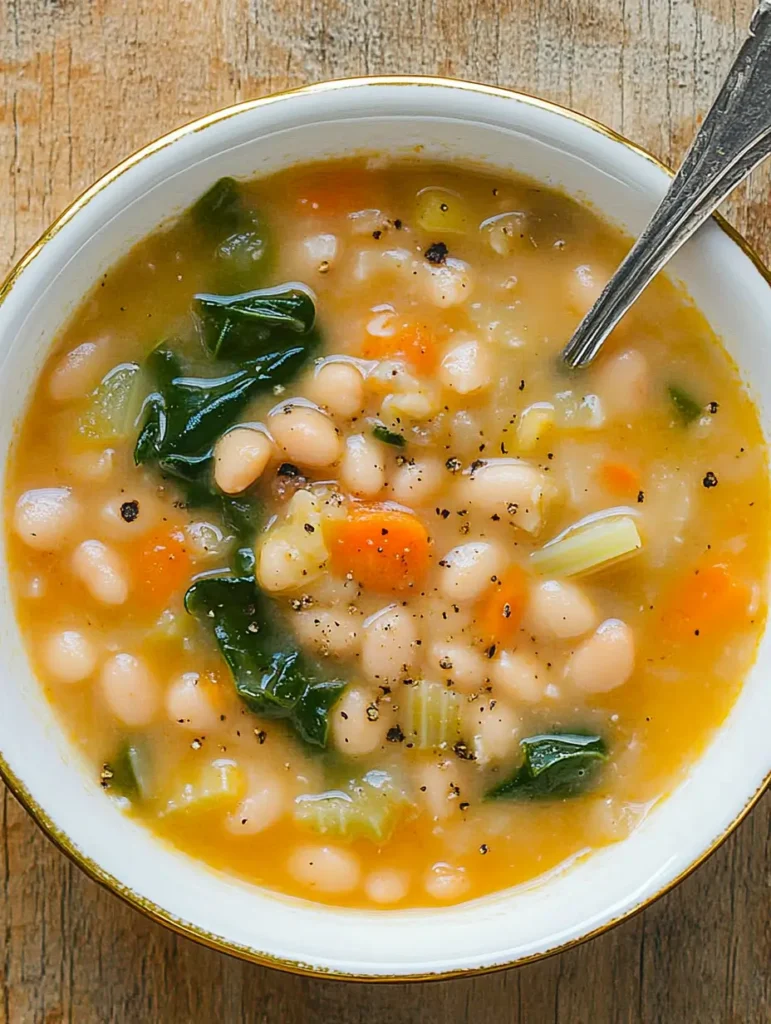 Best White Bean Soup 4 A close up of a spoon in a bowl of white bean soup with carrots and greens, highlighting Best White Bean Soup from our soup recipes as an easy soups, homemade soup recipe perfect for healthy soup recipes.
