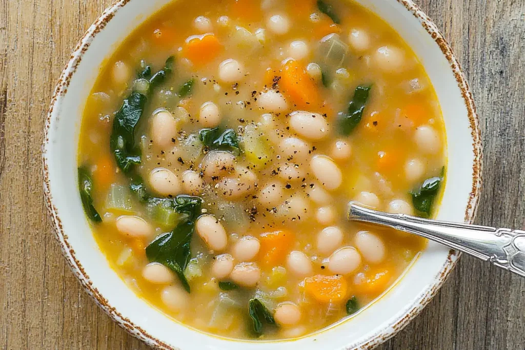 A white bowl filled with creamy white bean soup, carrots, leafy greens, and black pepper on a wooden table, showcasing Best White Bean Soup from our soup recipes as an easy soups, homemade soup recipe that also fits healthy soup recipes.