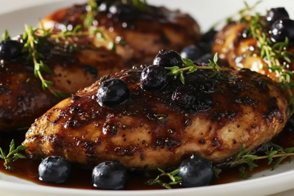 Blueberry Thyme Chicken, juicy glazed chicken breasts topped with fresh blueberries and thyme sprigs, sweet-savory blueberry sauce on a white plate, weeknight dinner.