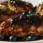 Blueberry Thyme Chicken 5 Blueberry Thyme Chicken, juicy glazed chicken breasts topped with fresh blueberries and thyme sprigs, sweet-savory blueberry sauce on a white plate, weeknight dinner.