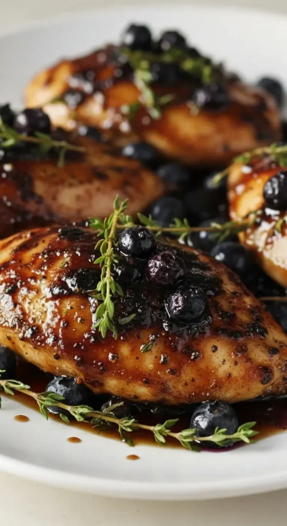 Blueberry Thyme Chicken 4 Close-up of Blueberry Thyme Chicken, pan-seared chicken with glossy blueberry thyme sauce, plump berries and herbs, simple skillet recipe for a flavorful dinner.