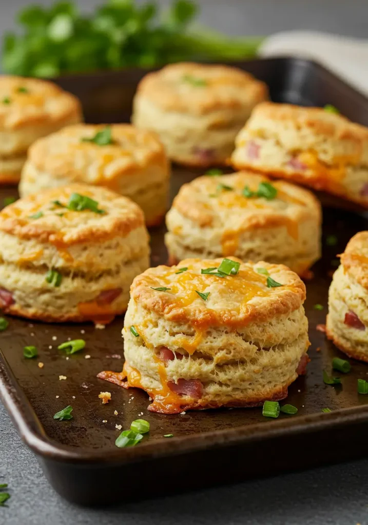 Breakfast Protein Biscuits 4 Close-up of flaky Breakfast Biscuits layered with cheddar and bits of Italian Chicken Sausage, ideal for a Protein Packed Breakfast and Freezer Friendly meal prep.
