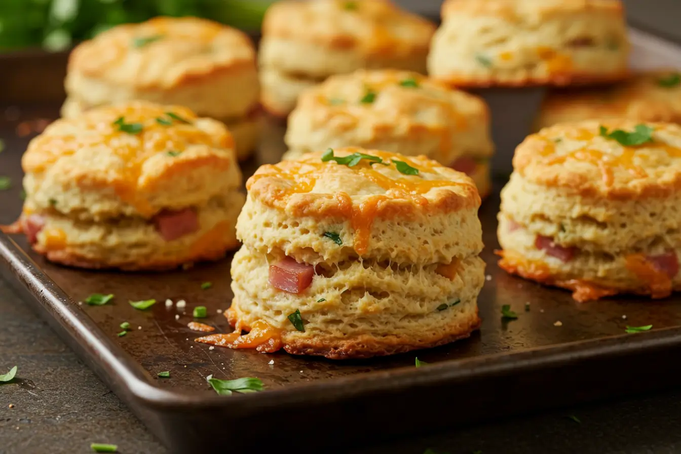 Breakfast Protein Biscuits 3 A dark sheet pan holds golden Breakfast Protein Biscuits with melty cheese and herbs, perfect for a High Protein Breakfast and quick Protein Breakfast on a Busy Morning.