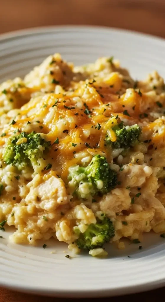 Broccoli Rice Cheese and Chicken Casserole 4 Comfort food Chicken Broccoli Rice Cheese Casserole on a plate, golden cheddar crust, creamy rice base, visible broccoli and chicken pieces