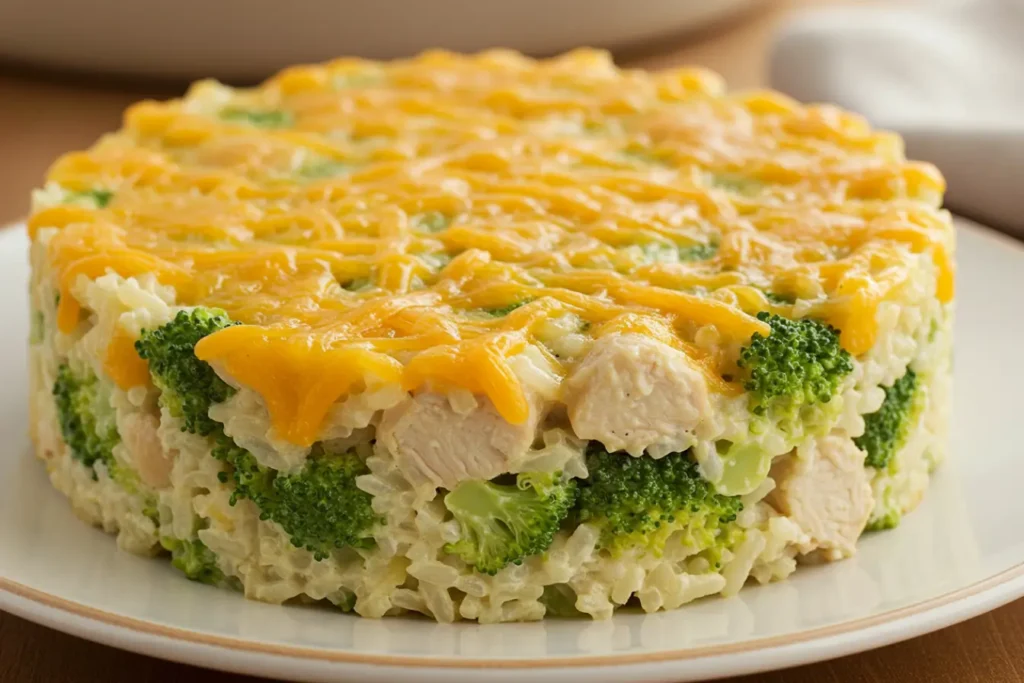 Close up of a cheesy Chicken Broccoli Rice Cheese Casserole with melted cheddar on top, tender chicken chunks, broccoli florets, and creamy rice