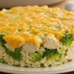 Broccoli Rice Cheese and Chicken Casserole 5 Close up of a cheesy Chicken Broccoli Rice Cheese Casserole with melted cheddar on top, tender chicken chunks, broccoli florets, and creamy rice