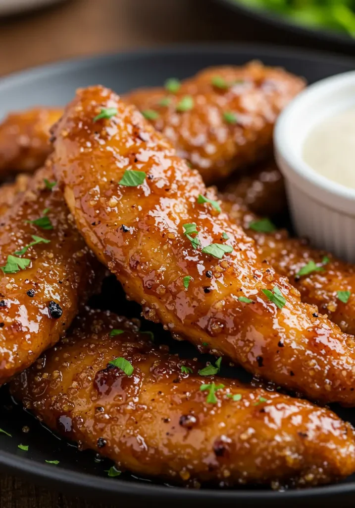 Close up of juicy Brown Sugar Chicken Tenders, golden edges, peppered seasoning, parsley garnish, perfect for easy brown sugar chicken dinner ideas