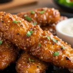 Brown Sugar Chicken Tenders stacked on a plate, crispy and caramelized with a garlic brown sugar glaze, served with creamy dipping sauce and fresh greens