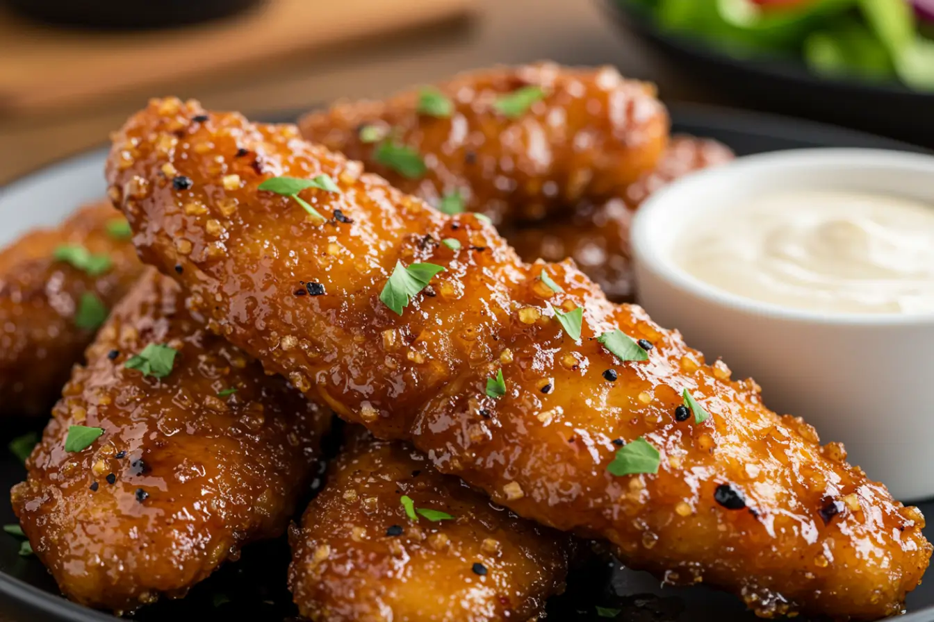 Brown Sugar Chicken Tenders stacked on a plate, crispy and caramelized with a garlic brown sugar glaze, served with creamy dipping sauce and fresh greens