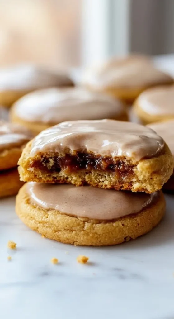 Close up of Brown Sugar Pop Tart Cookies, soft centers, glossy cinnamon icing, buttery cookie layers inspired by pop tarts