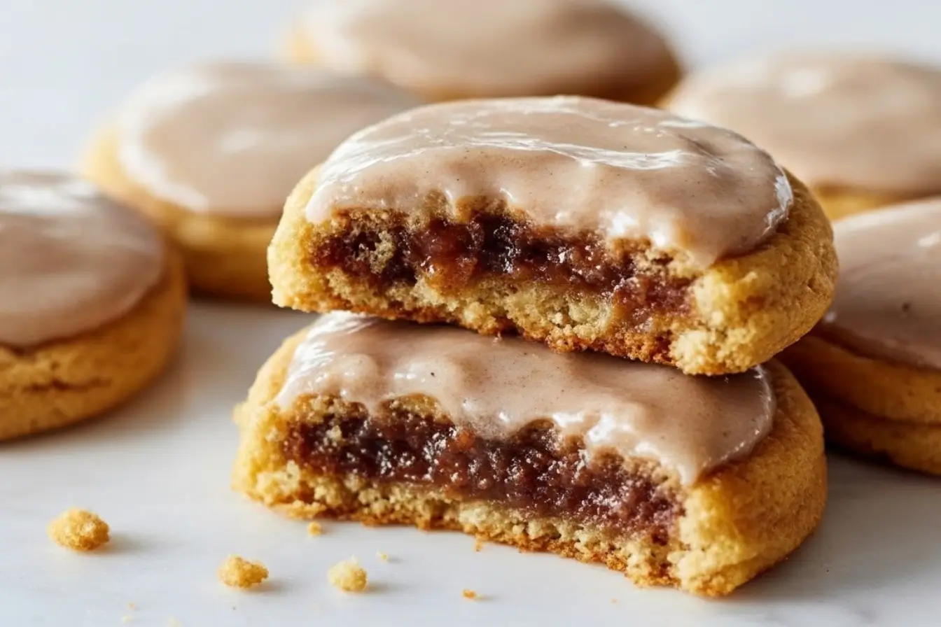 Brown Sugar Pop Tart Cookies with icing, chewy cookie stack on marble, one cookie split to show gooey brown sugar filling, homemade dessert vibe