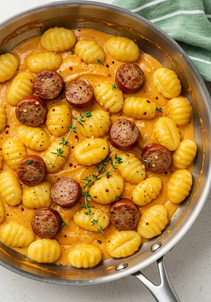 Butternut Squash Gnocchi with Sausage 4 Close up of tender Butternut Squash Gnocchi with Sausage simmered in creamy Butternut Squash Sauce made from smooth Butternut Squash Puree, a one pan star among Fall Dinner Recipes and Squash Recipes.