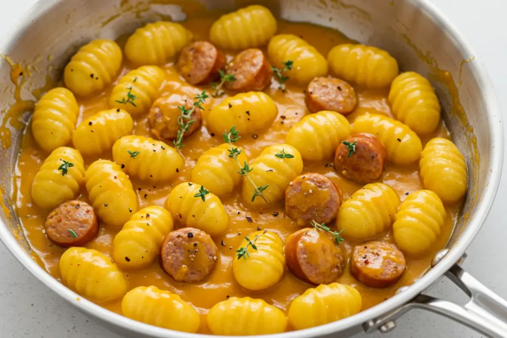 A stainless skillet filled with pillowy gnocchi and sliced sausage coated in glossy butternut squash sauce, showcasing Gnocchi Recipes and Butternut Squash Gnocchi with Sausage as cozy Fall Comfort Food for an easy Fall Dinner.