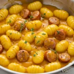 Butternut Squash Gnocchi with Sausage 5 A stainless skillet filled with pillowy gnocchi and sliced sausage coated in glossy butternut squash sauce, showcasing Gnocchi Recipes and Butternut Squash Gnocchi with Sausage as cozy Fall Comfort Food for an easy Fall Dinner.