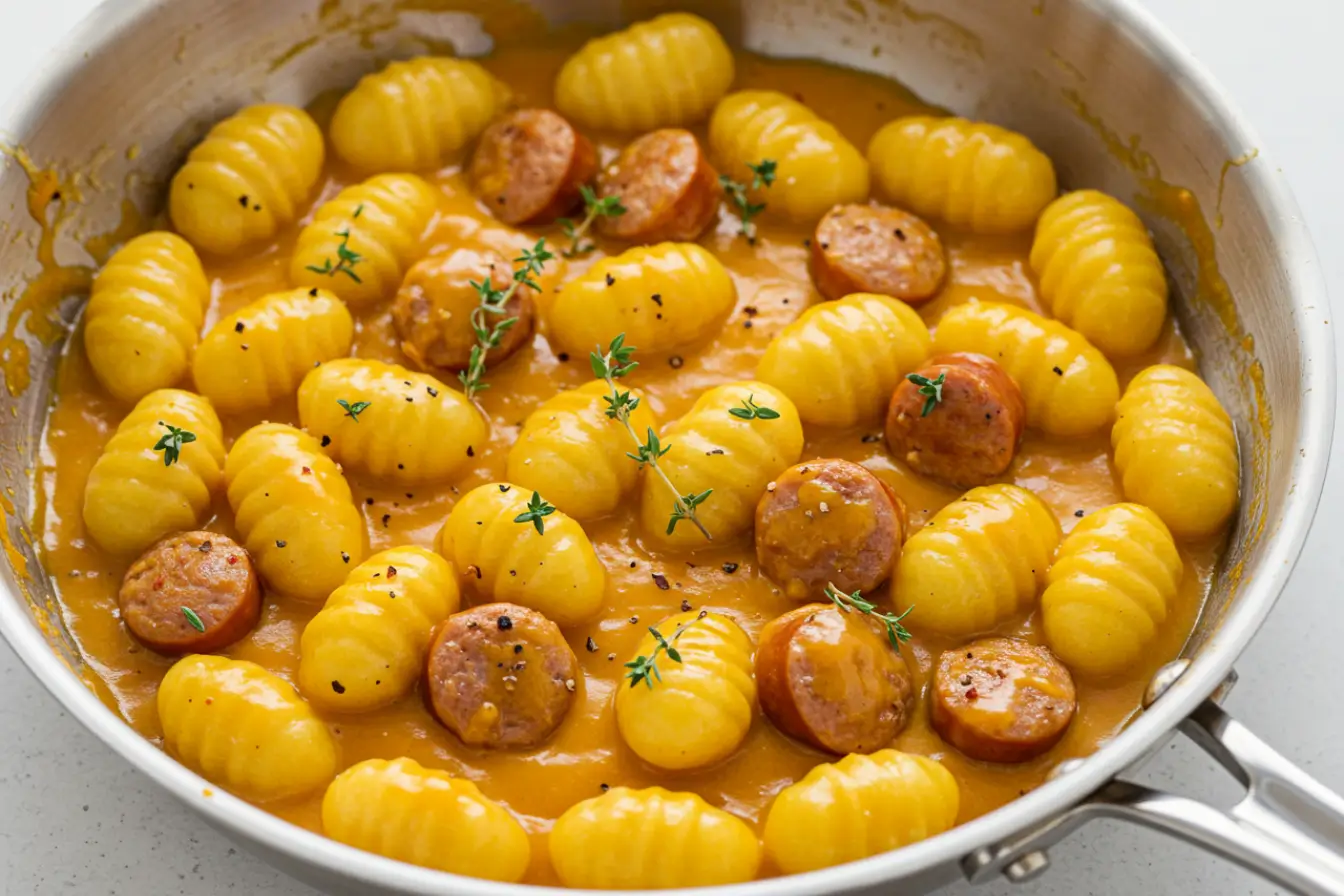 Butternut Squash Gnocchi with Sausage 3 A stainless skillet filled with pillowy gnocchi and sliced sausage coated in glossy butternut squash sauce, showcasing Gnocchi Recipes and Butternut Squash Gnocchi with Sausage as cozy Fall Comfort Food for an easy Fall Dinner.