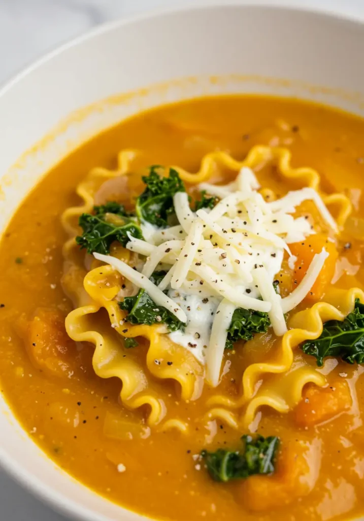 Close-up of creamy Butternut Squash Lasagna Soup with Kale and Mozzarella, rich puréed squash, curly pasta ribbons, dark green kale, and melty cheese.
