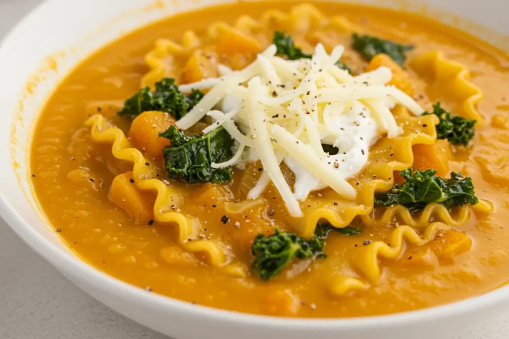 Bowl of Butternut Squash Lasagna Soup with Kale and Mozzarella, creamy orange squash base topped with shredded mozzarella, kale, and wavy lasagna noodles.