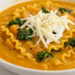 Bowl of Butternut Squash Lasagna Soup with Kale and Mozzarella, creamy orange squash base topped with shredded mozzarella, kale, and wavy lasagna noodles.