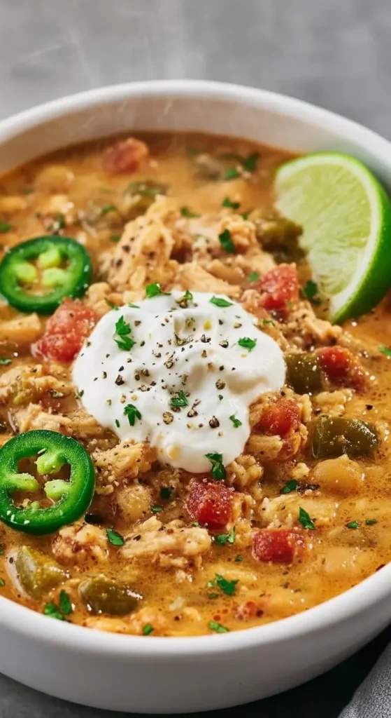 Close-up of Cajun White Chicken Chili with shredded chicken, white beans, roasted tomatoes, and jalapeño, rich weeknight comfort food.