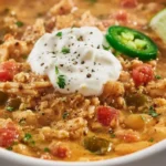 Creamy Cajun White Chicken Chili in a bowl, topped with jalapeño slices, cilantro, and a fresh lime wedge, hearty slow cooker recipe.