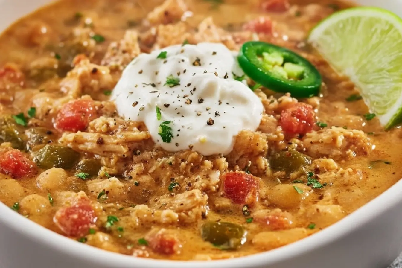 Creamy Cajun White Chicken Chili in a bowl, topped with jalapeño slices, cilantro, and a fresh lime wedge, hearty slow cooker recipe.