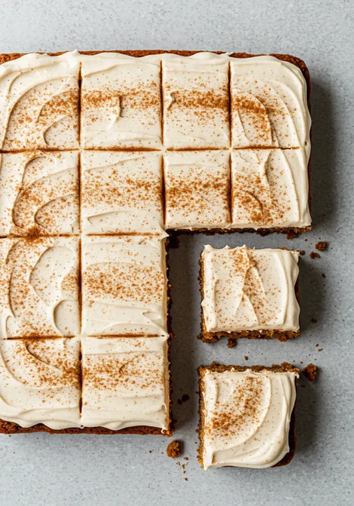 Best Chai Cake Recipe 4 Close-up of moist chai cake from a chai cake recipe, a tall slice of spice cake with thick frosting and light chai spice sprinkles on a stoneware plate.