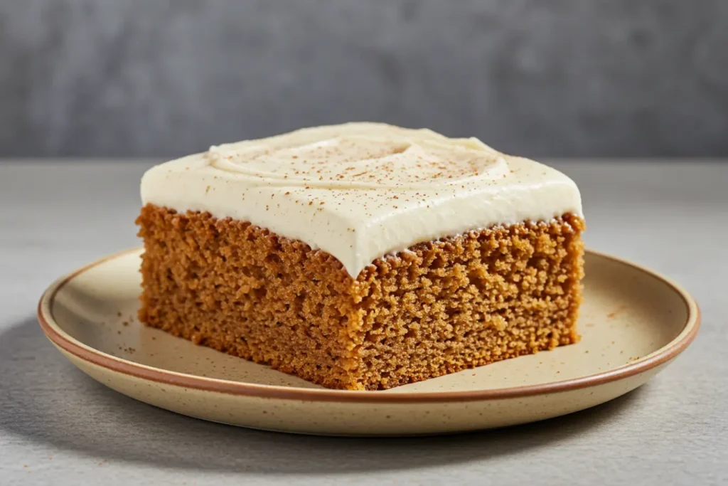 A square slice of spice cake made from a cozy chai cake recipe sits on a beige plate, topped with creamy frosting and a dusting of chai spice for fall baking.