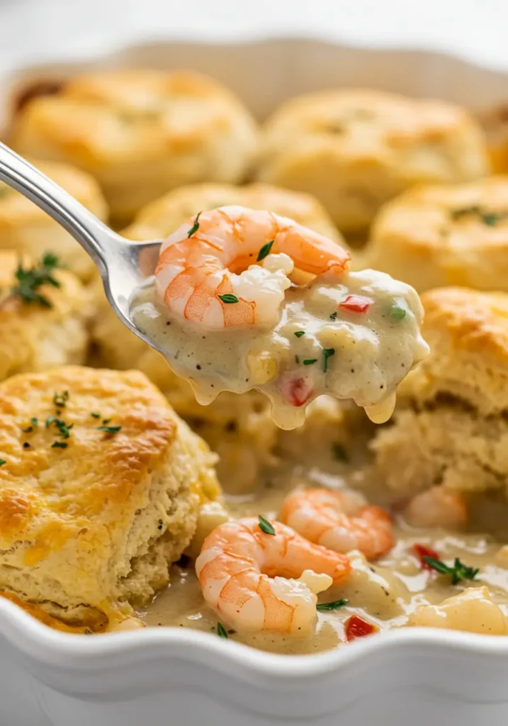 Close-up of a spoon lifting creamy seafood filling from a white dish of Cheddar Bay Biscuit Seafood Pot Pie, showing golden pie tops made from cheddar biscuits and a rich sauce that defines this Pot Pie comfort.