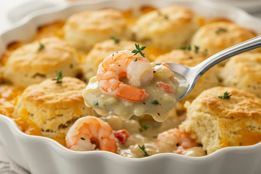 A white baking dish filled with Cheddar Bay Biscuit Seafood Pot Pie shows a spoonful of creamy sauce, shrimp, veggies, and cheesy biscuit pie tops baked into flaky biscuits, a cozy Pot Pie twist inspired by seafood dishes.
