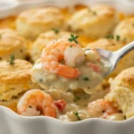A white baking dish filled with Cheddar Bay Biscuit Seafood Pot Pie shows a spoonful of creamy sauce, shrimp, veggies, and cheesy biscuit pie tops baked into flaky biscuits, a cozy Pot Pie twist inspired by seafood dishes.