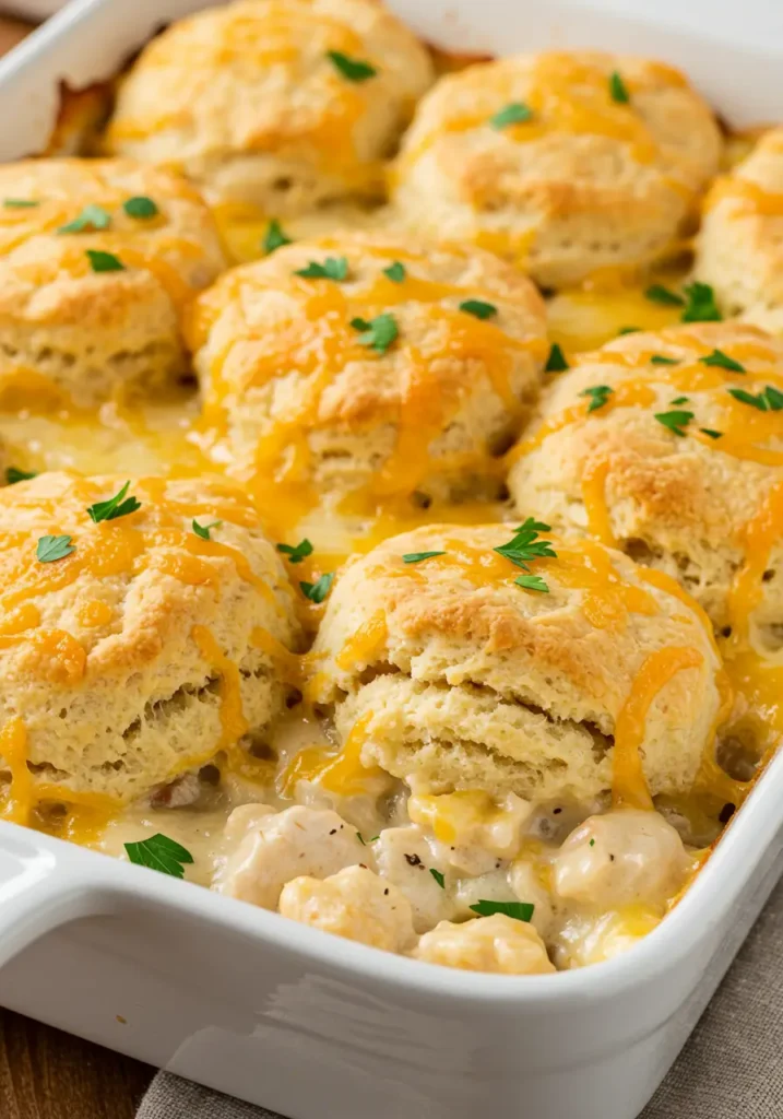 Creamy Cheddar Bay Chicken Cobbler casserole topped with fluffy cheddar biscuits, tender chicken and vegetables in a rich sauce, baked until bubbly