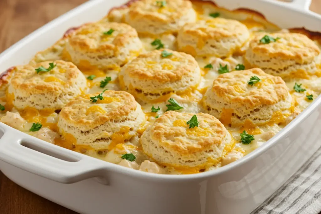 Cheddar Bay Chicken Cobbler with golden cheddar biscuits and creamy chicken filling baked in a white casserole dish, parsley garnish on top