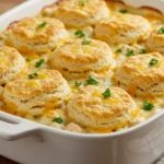 Cheddar Bay Chicken Cobbler with golden cheddar biscuits and creamy chicken filling baked in a white casserole dish, parsley garnish on top
