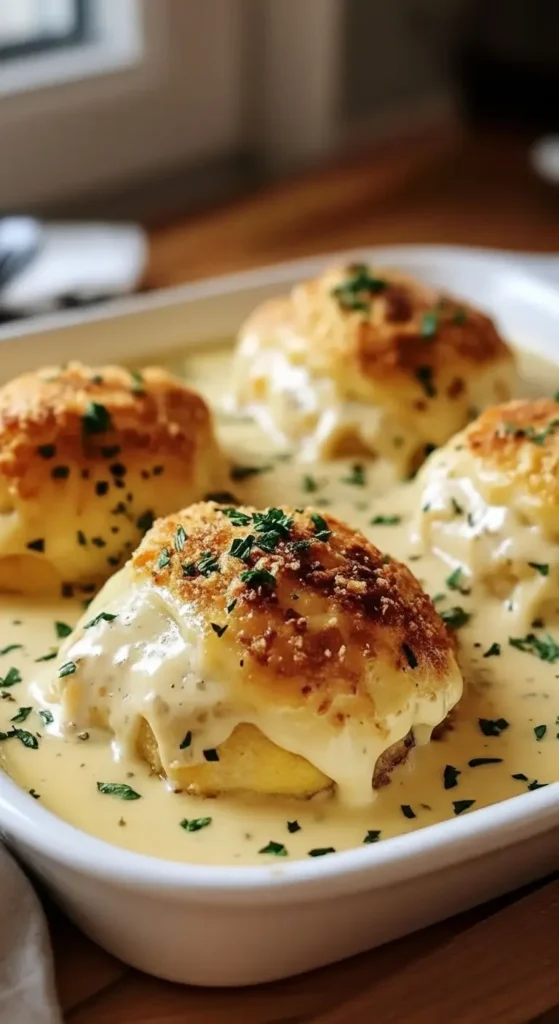 Chicken Pillows With Creamy Parmesan Sauce 4 Close-up of baked Chicken Pillows With Creamy Parmesan Sauce, cream cheese stuffed crescent rolls, golden tops, rich parmesan sauce, family comfort food