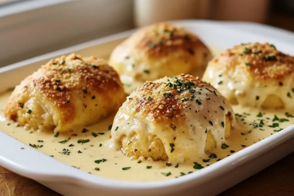 Golden Chicken Pillows With Creamy Parmesan Sauce in a white baking dish, flaky crescent roll dough, cream cheese filling, parsley garnish, cozy dinner