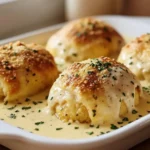 Chicken Pillows With Creamy Parmesan Sauce 5 Golden Chicken Pillows With Creamy Parmesan Sauce in a white baking dish, flaky crescent roll dough, cream cheese filling, parsley garnish, cozy dinner