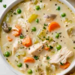 Chicken Pot Pie Soup Recipe 5 A close shot of creamy chicken pot pie soup dotted with peas, carrots, and mushrooms in a white bowl, embodying soup recipes and this Chicken Pot Pie Soup Recipe as a satisfying homemade soup recipe that fits easy soup recipes, easy soups, and healthy soup recipes.