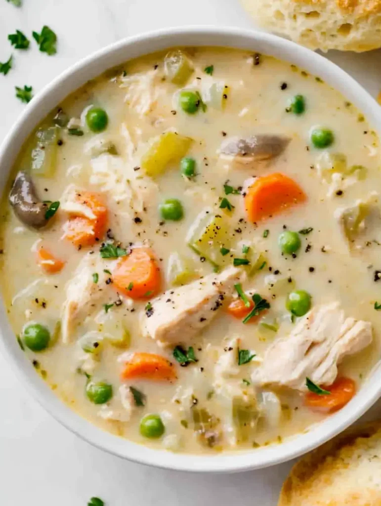 Chicken Pot Pie Soup Recipe 4 A close shot of creamy chicken pot pie soup dotted with peas, carrots, and mushrooms in a white bowl, embodying soup recipes and this Chicken Pot Pie Soup Recipe as a satisfying homemade soup recipe that fits easy soup recipes, easy soups, and healthy soup recipes.