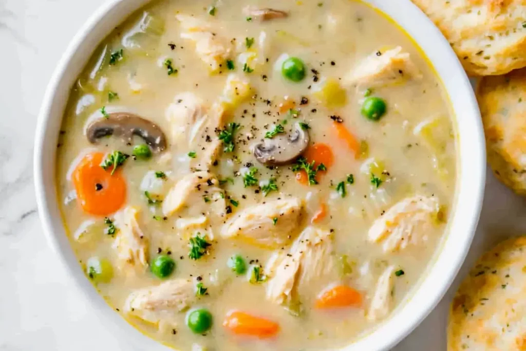 A white bowl of chicken pot pie soup with chunky chicken, peas, carrots, celery, mushrooms, and fresh herbs, offering cozy soup recipes appeal and showcasing this Chicken Pot Pie Soup Recipe as a homemade soup recipe that suits easy soup recipes, easy soups, and healthy soup recipes.