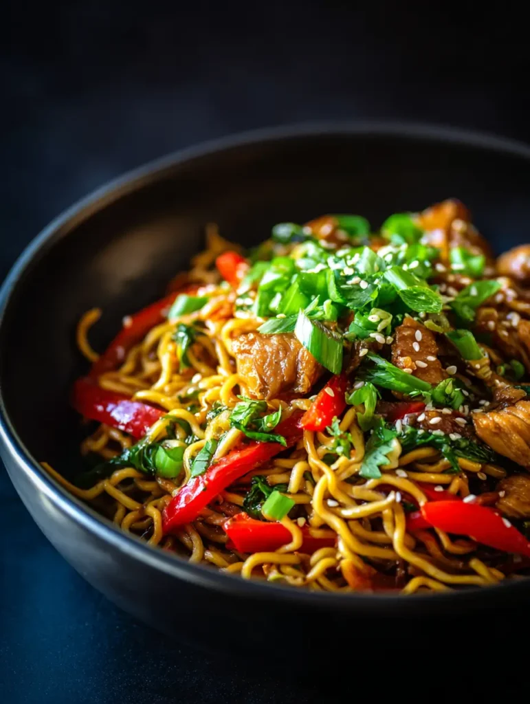 Chicken Ramen Stir Fry 4 A rustic dark bowl holds Chicken Ramen Stir Fry packed with golden noodles, juicy chicken strips, red peppers, and fresh herbs, blending Chinese Cooking Recipes techniques with Easy Chinese Recipes appeal, ideal for Asian Dinners and friendly to Health Dinner Recipes.