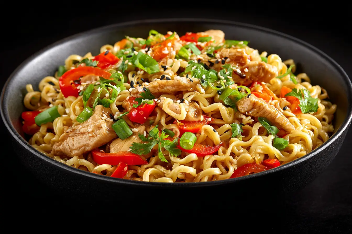 A black bowl filled with Chicken Ramen Stir Fry shows springy ramen noodles, sliced chicken, red bell peppers, scallions, cilantro, and sesame seeds in a glossy sauce, an inviting take on Chinese Cooking Recipes for Easy Chinese Recipes and Asian Dinners that fits Health Dinner Recipes.