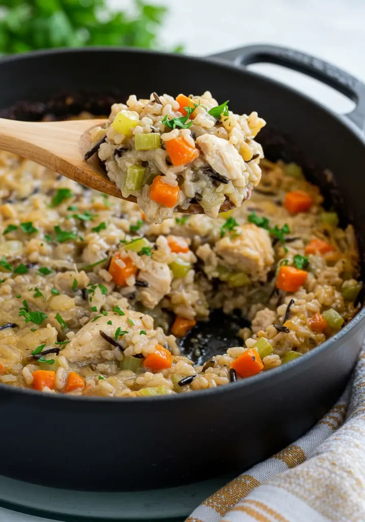 Close-up of a spoonful of creamy Chicken And Wild Rice lifted from a casserole pan, highlighting Wild Rice grains, vegetables, and Hearty Chicken in a Rice Casserole inspired by favorite Wild Rice Recipes.