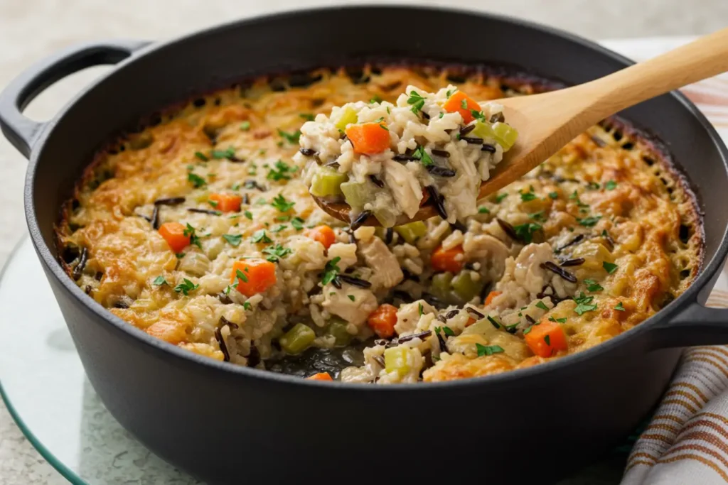 A black casserole dish filled with creamy Chicken Wild Rice Casserole, showing tender rice, carrots, celery, and Hearty Chicken, a cozy take on Rice Casserole and inspired by Wild Rice Recipes with tips for Cooking Wild Rice.