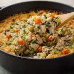 A black casserole dish filled with creamy Chicken Wild Rice Casserole, showing tender rice, carrots, celery, and Hearty Chicken, a cozy take on Rice Casserole and inspired by Wild Rice Recipes with tips for Cooking Wild Rice.