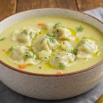 Creamy Dill Pierogi Soup in a rustic speckled bowl, tender pierogi dumplings in silky broth, fresh dill, black pepper, and olive oil drizzle, cozy comfort meal