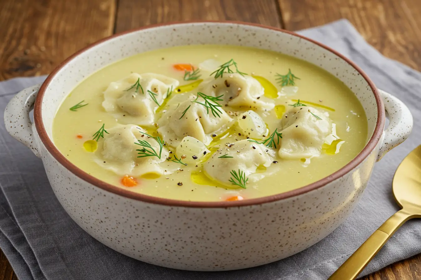 Creamy Dill Pierogi Soup in a rustic speckled bowl, tender pierogi dumplings in silky broth, fresh dill, black pepper, and olive oil drizzle, cozy comfort meal